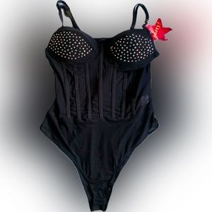 NWT Black Rhinestone Haute Monde Party Body Suit